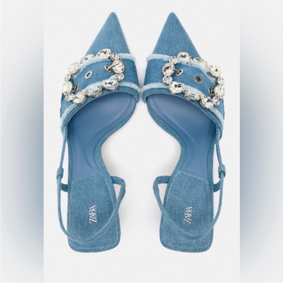 Women's Zara Denim Slingback Heels with Crystal Embellishment - Picture 3 of 12